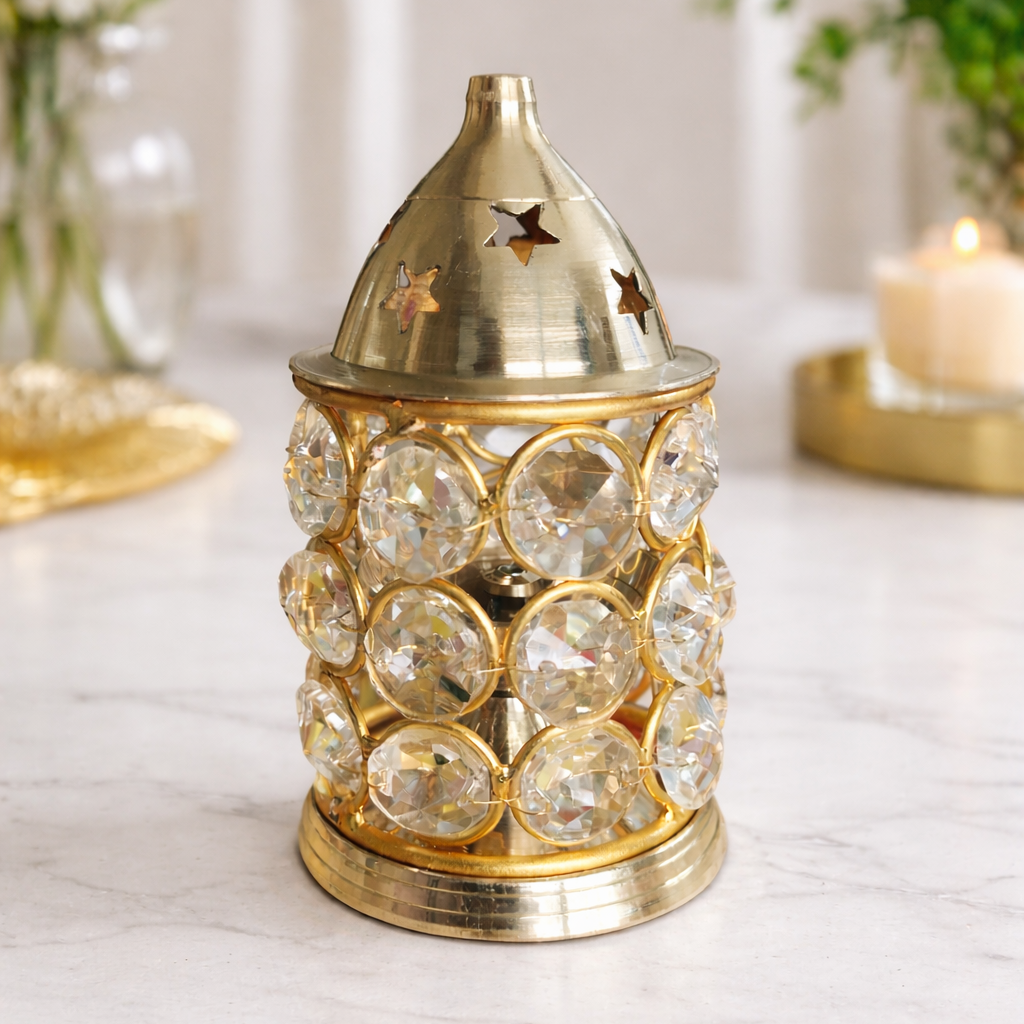 Brass Akhand Diya with Crystal Glass Cover and Lid 100mm – Continuous Flame Lamp for Pooja