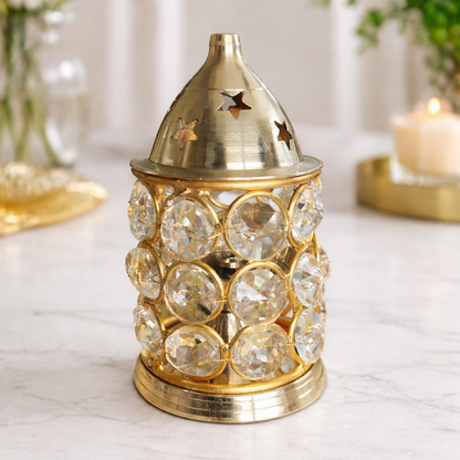 Brass Akhand Diya with Crystal Glass Cover and Lid 100mm – Continuous Flame Lamp for Pooja