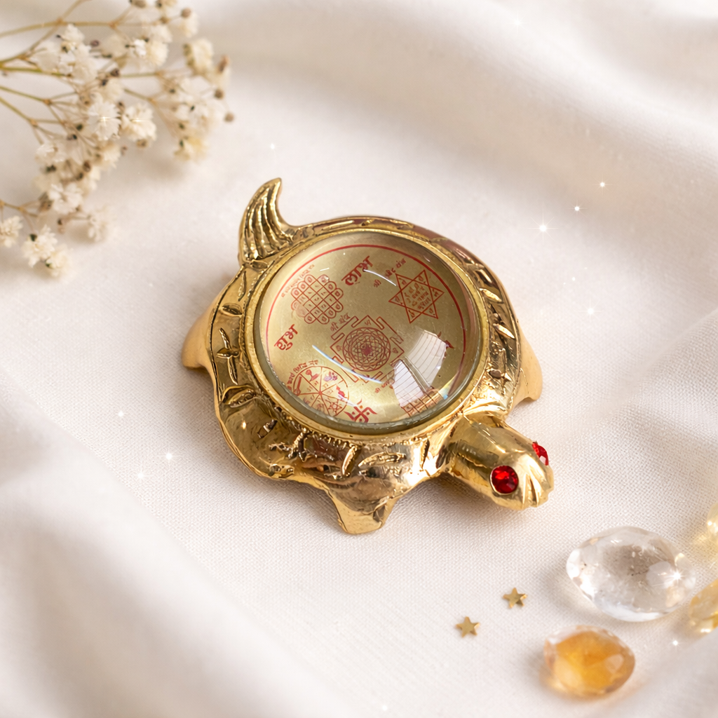 Brass Feng Shui Tortoise with Shree Vyapar Vriddhi and Kuber Yantras 80mm – Triple Wealth Yantra