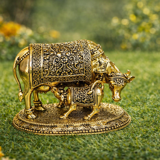 Handcrafted Brass Kamdhenu Cow and Calf Idol – Vastu Gau Mata Murti for Wealth and Wish Fulfillment