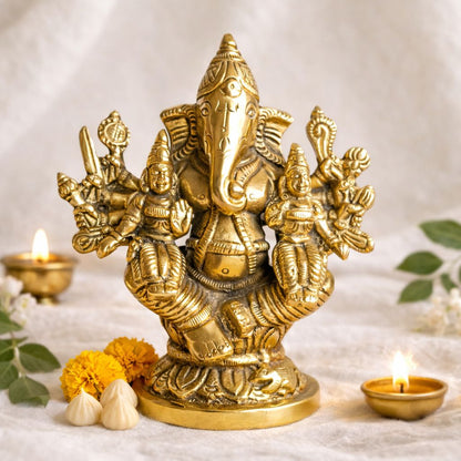 Brass Riddhi Siddhi Ganesh Idol 4.4 Inch – Complete Prosperity and Wisdom Ganesh with Consorts