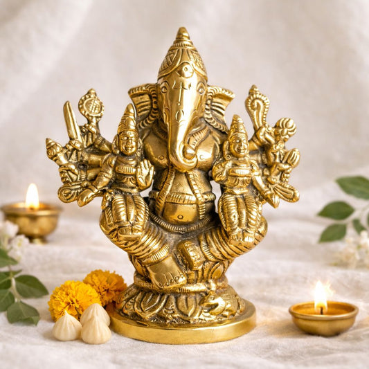 Brass Riddhi Siddhi Ganesh Idol 4.4 Inch – Complete Prosperity and Wisdom Ganesh with Consorts