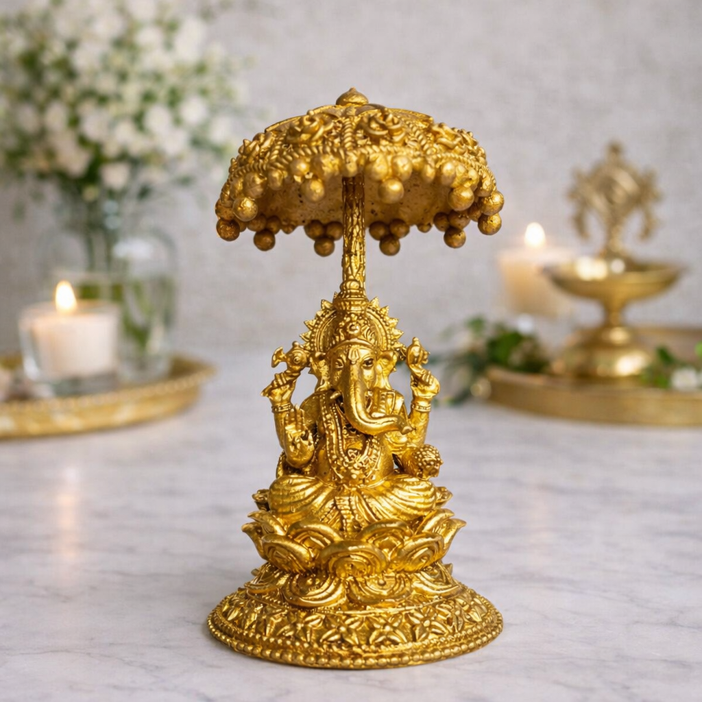 Brass Royal Ganesha Idol with Chhatra 3.2 Inch – Divine Protector Umbrella Canopy Ganesh