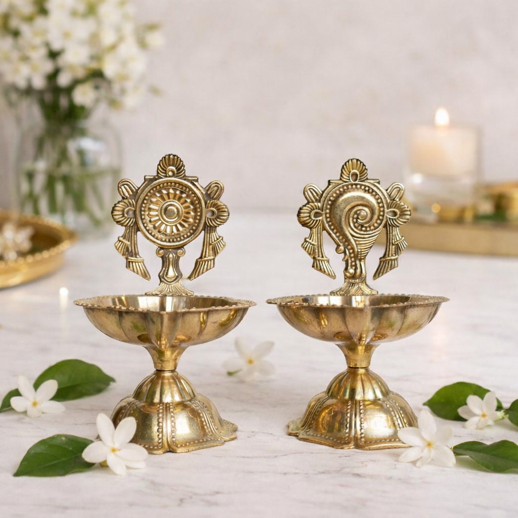 Traditional Brass Shanku and Chakra Deepak Set Pair – Kuber Deepam Vishnu Symbols Oil Lamp