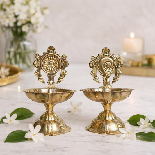 Traditional Brass Shanku and Chakra Deepak Set Pair – Kuber Deepam Vishnu Symbols Oil Lamp