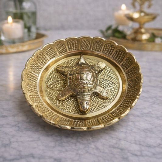 Brass Vastu Feng Shui Tortoise with Fancy Plate 105mm – Wealth and Longevity Kachua