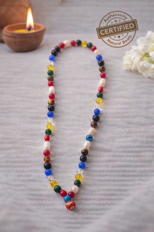 Certified Navratna Mala Plain Round Beads – 9 Gemstone Navratna Necklace Lab Certified