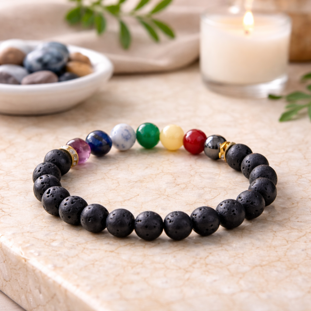 Lava 7 Chakra Bracelet with Lab Certificate and Selenite Charging Plate – Complete Energy Healing Set