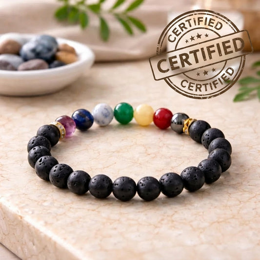 Lava 7 Chakra Bracelet with Lab Certificate and Selenite Charging Plate – Complete Energy Healing Set