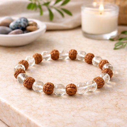 Yuvakart Certified Spathik Rudraksha Bracelet with Selenite Charging Plate – Harmony and Peace Set